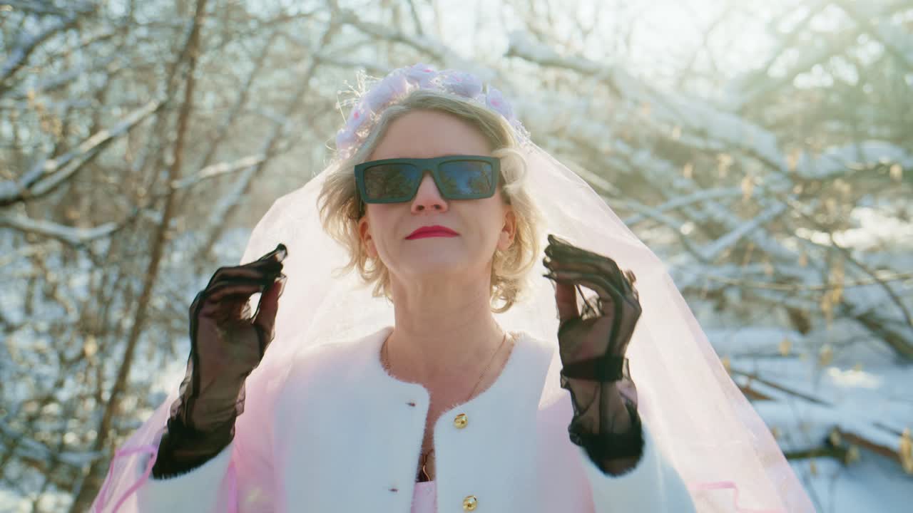 Sposa felice indossa occhiali da sole in un paesaggio invernale innevato