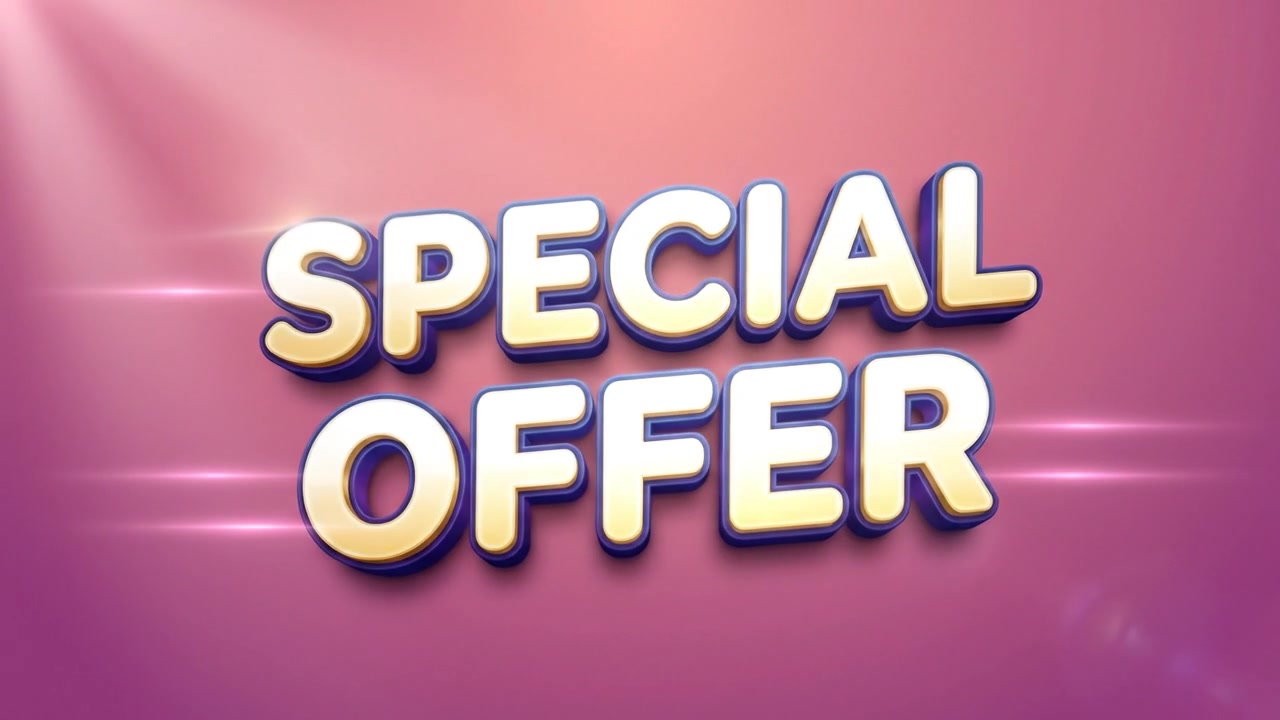 Animazione di testo promozionale "Sconto Speciale" con lettere 3D metalliche ed effetti scintillanti