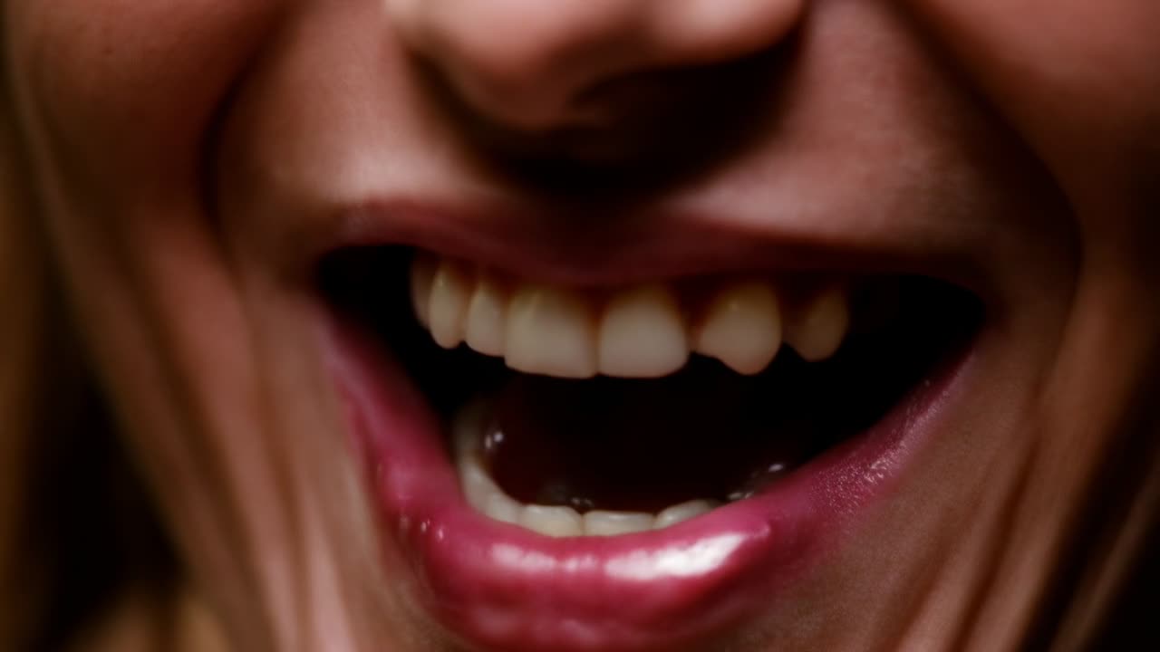 Primo piano in studio di una bocca femminile che si apre rivelando labbra lucide e denti, inquadratura su comando che forma un filamento
