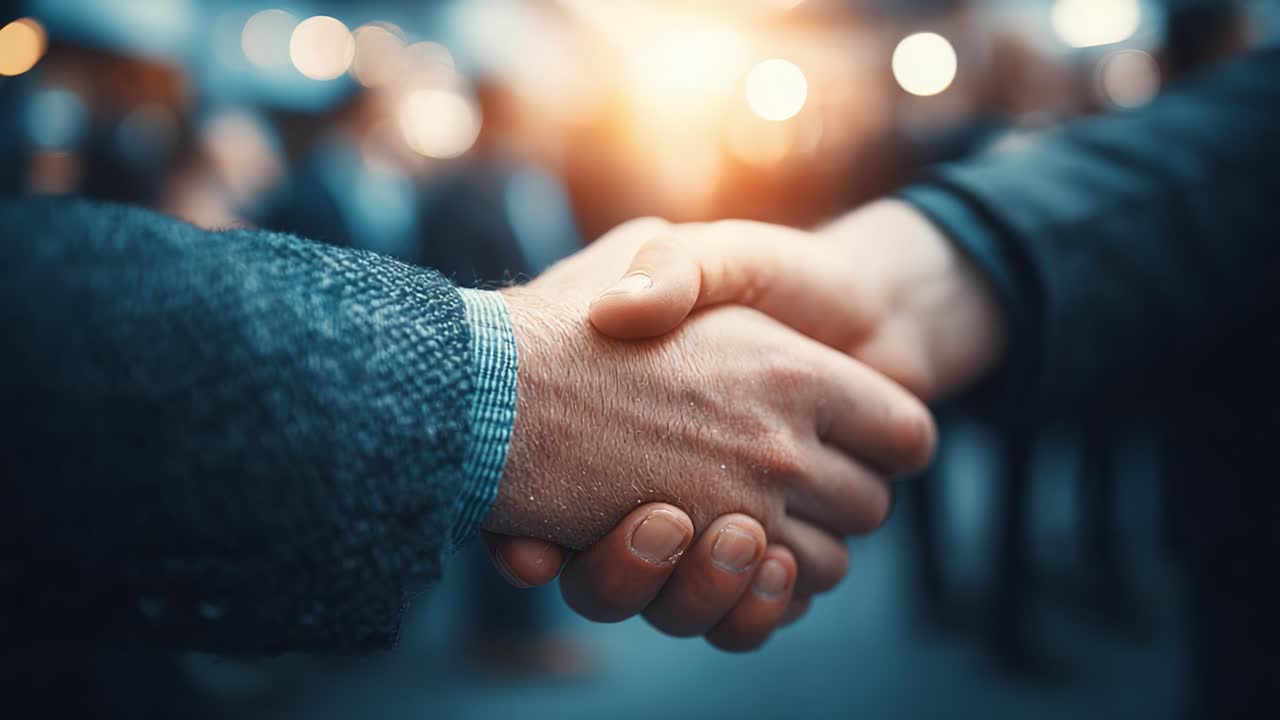 A Professional Handshake Symbolizing Collaboration and Agreement in a Business Setting, with Stylish Attire and an Ambience of Networking Opportunities in the Background