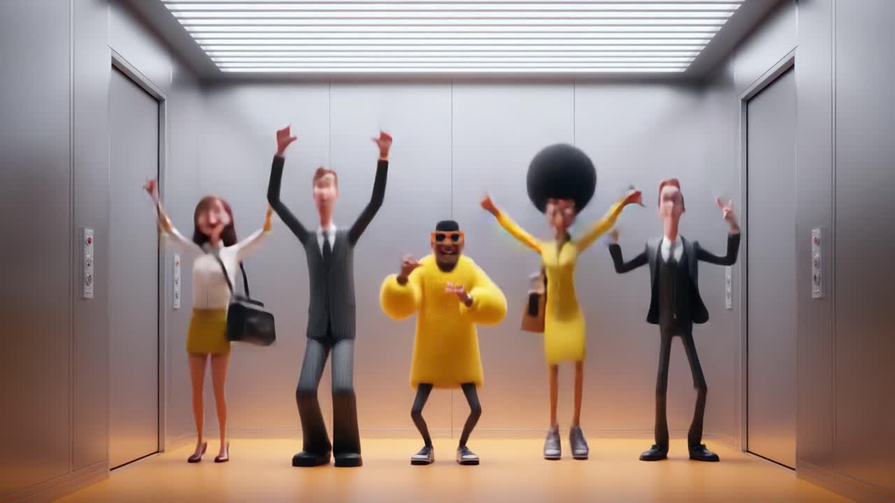 A Cheerful Group Celebration in a Modern Elevator: Animated Characters Expressing Joy and Excitement in a Fun, Colorful Setting With Lively Gestures and Unique Styles