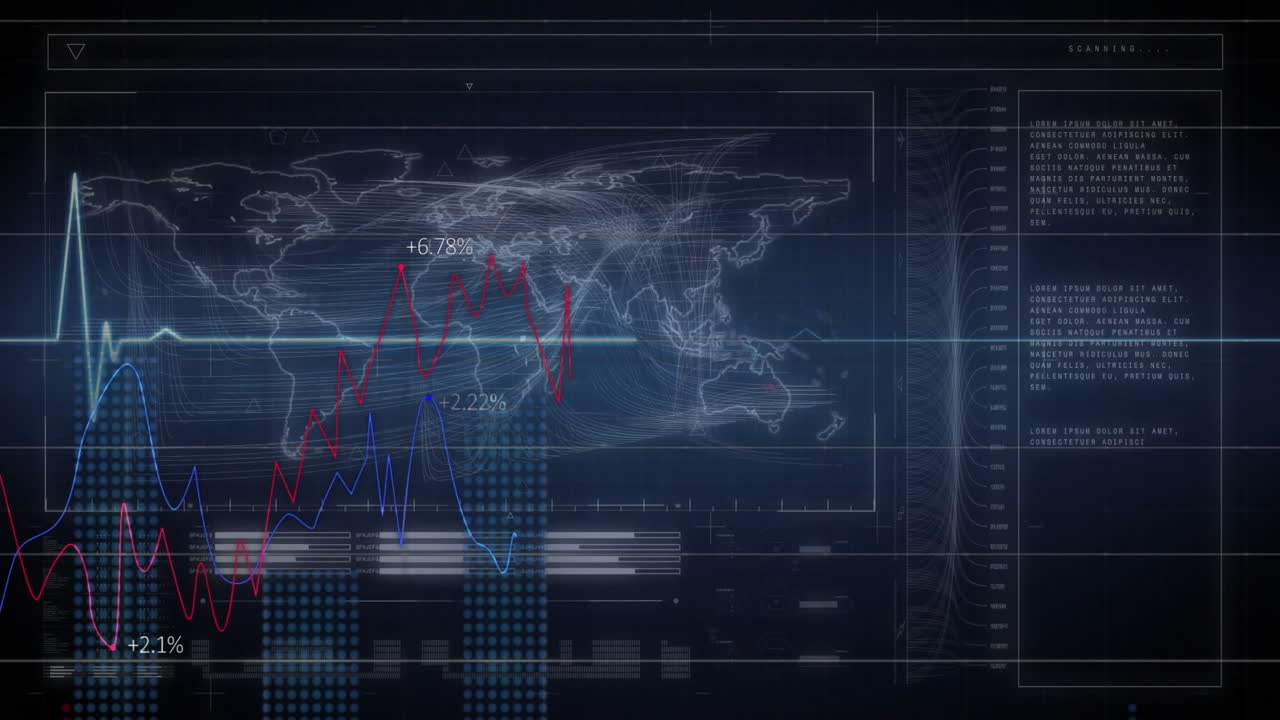 Financial data and world map animation over fluctuating stock market graphs