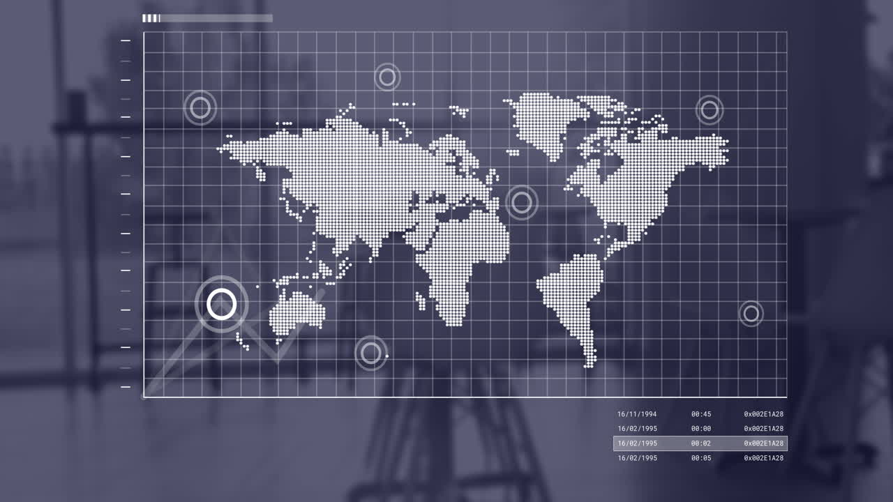 Animation of world map and data processing over office