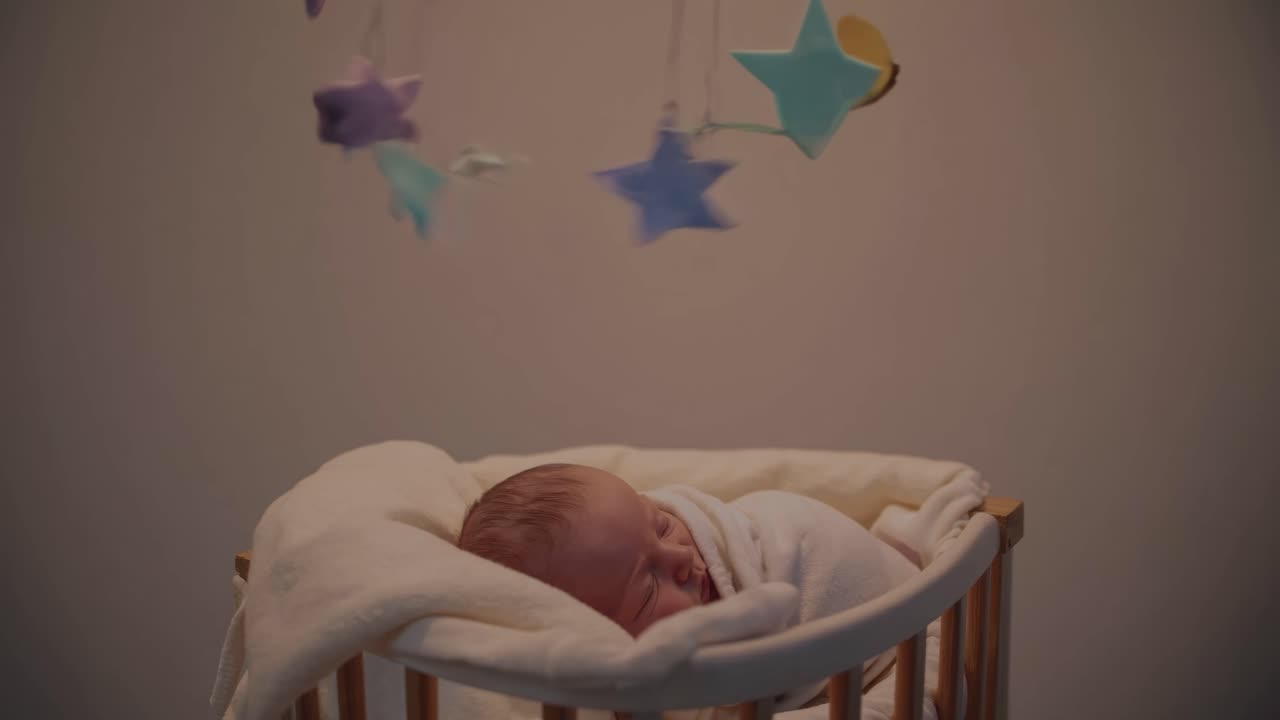 Bambino che dorme nella culla con giostrina