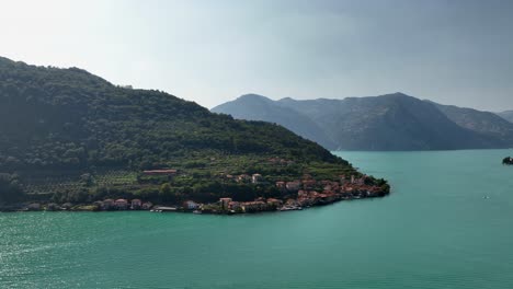 monte isola island iseo lake drone over view panorama quick spin