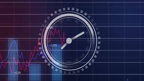 Animación-Del-Tic-tac-Del-Reloj-Sobre-El-Procesamiento-De-Datos-Estadísticos-Contra-Un-Fondo-Degradado-Púrpura