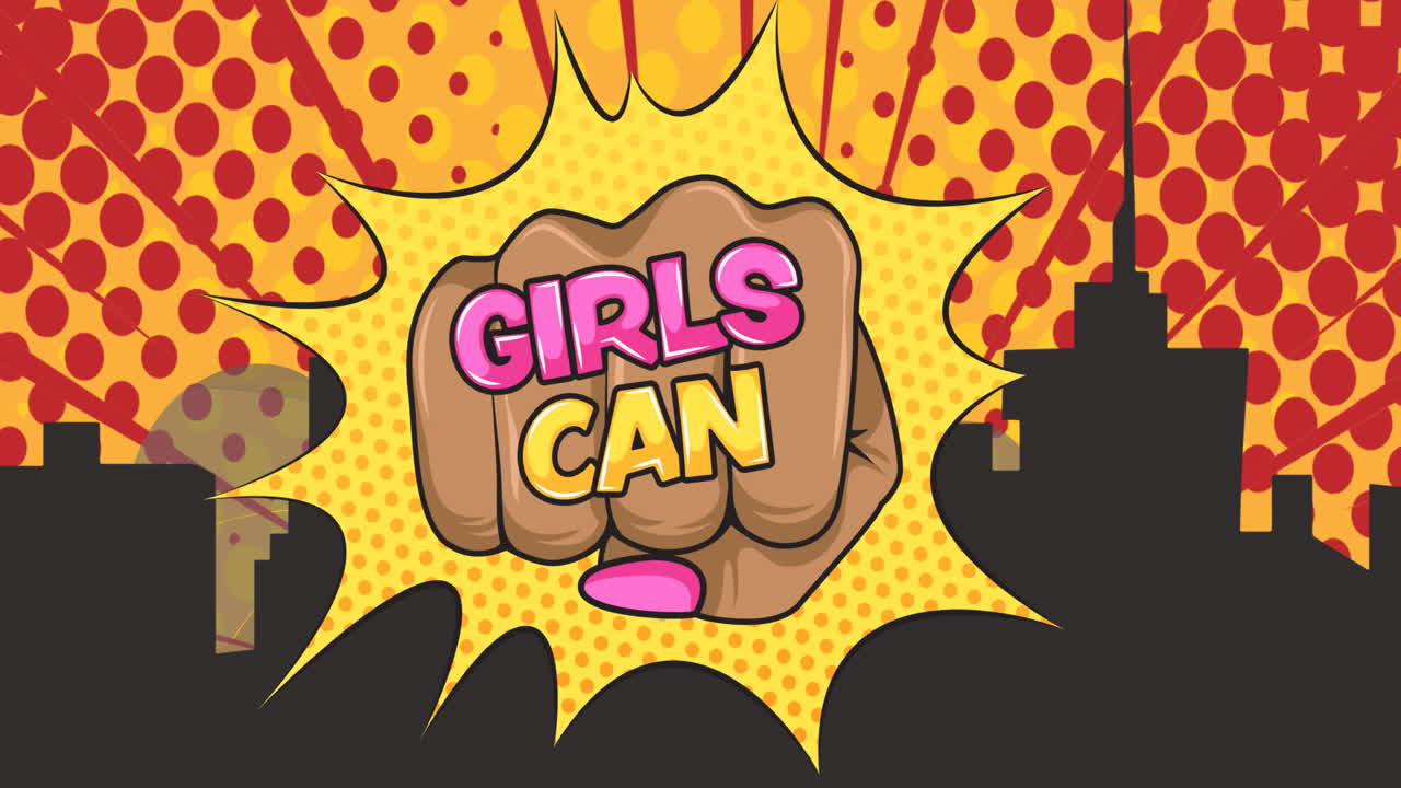 animación de texto niñas poder en los puños femeninos, sobre el cielo nocturno