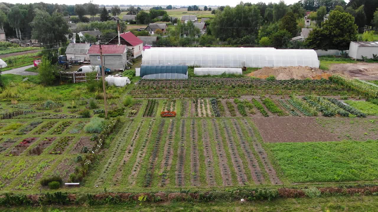 Aerial View of a Large Vegetable Garden with Greenhouse