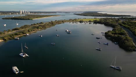 right to left aerial over the spit and boats on the broadwater on the northern end of the gold coast, queensland, australia 20230502