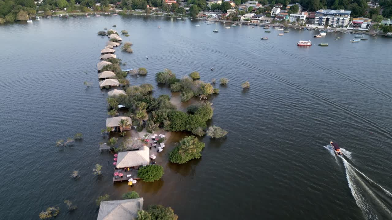 Aerial over the flooded buildings near Love Island during the rainy season in the State of Par&aacute;, Brazil