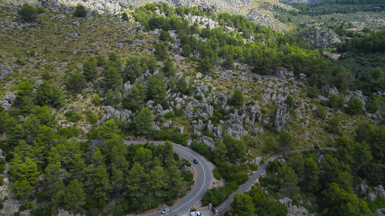 The serpentine Sa Calobra road in the Serra de Tramuntana mountains of Mallorca. This iconic, winding route is famous for cycling, road trips, and dramatic coastal views