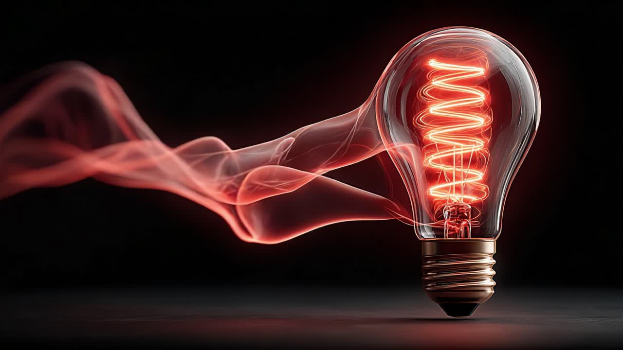 Incandescent light bulb with a glowing spiral filament standing on a dark surface and emitting a stream of vibrant red smoke against a stark black background, symbolizing energy and ideas