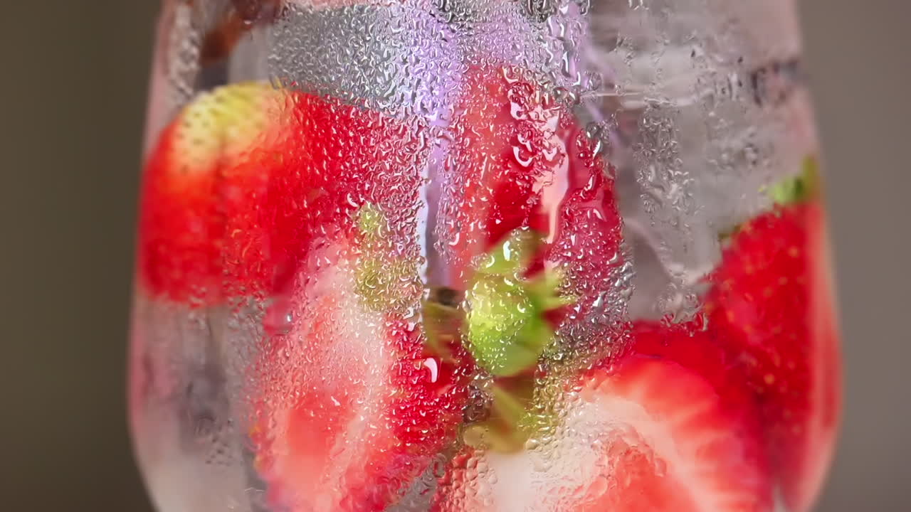Mixing frozen strawberry summer cocktail with ice and rum, slow motion close up