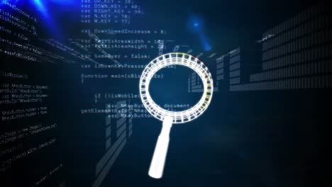 Animation of magnifying glass icon over data processing and light trails on black background