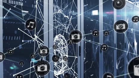 animation of network of connections with icons over server room