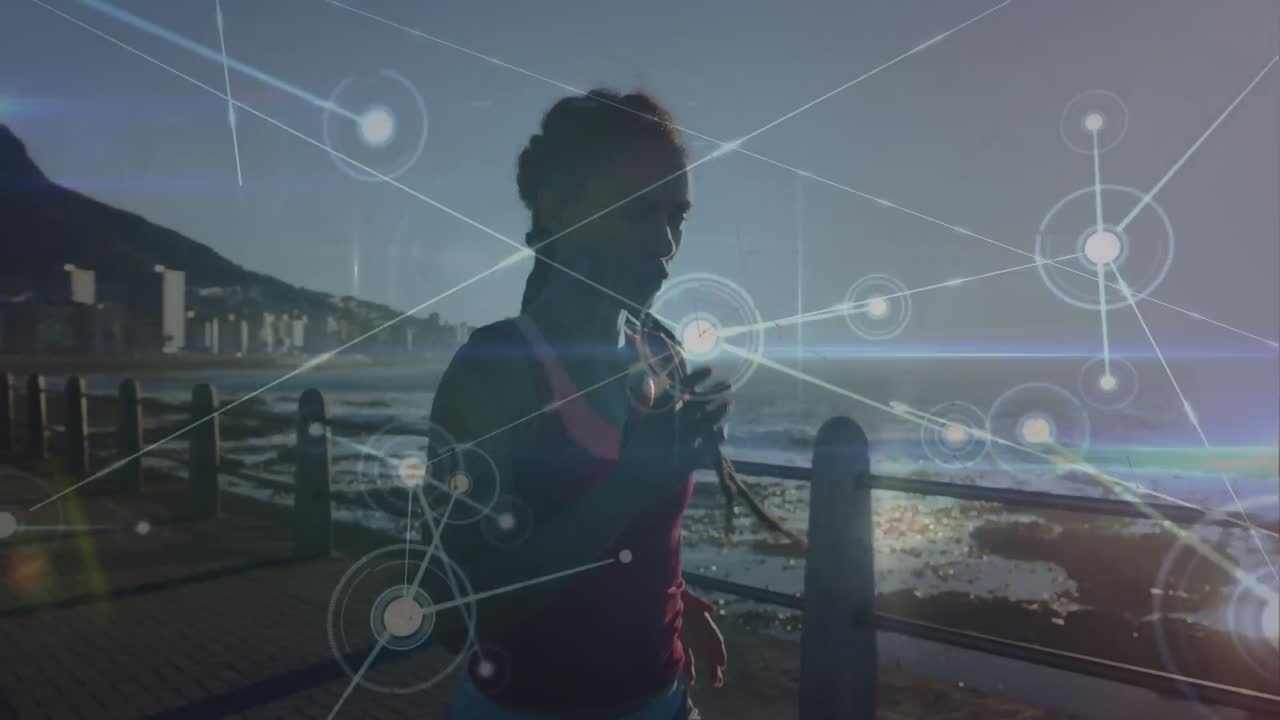 Animation of network of connections with icons over biracial woman running