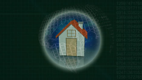 house icon over a spinning globe against data processing on green background