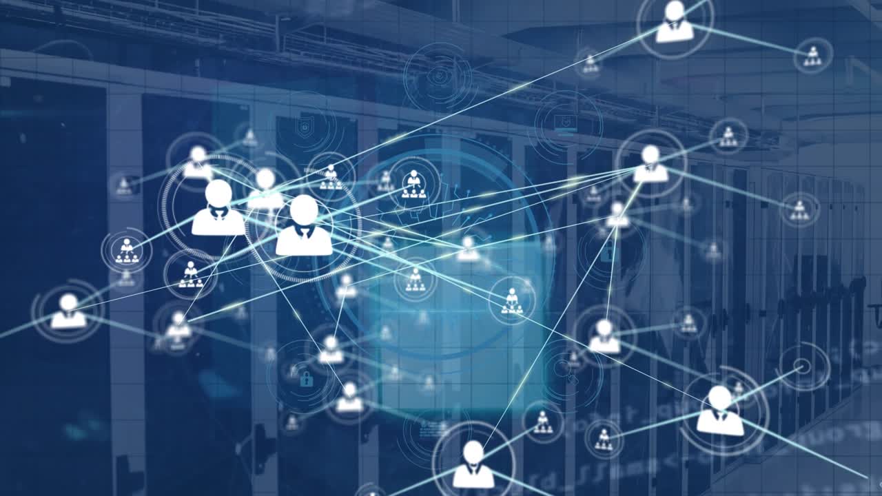 Animation of network of people icons and data processing over computer server room