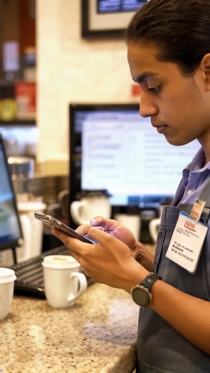 Hispanic American employee of a coffee shop using cell phone at the counter of the coffee shop.