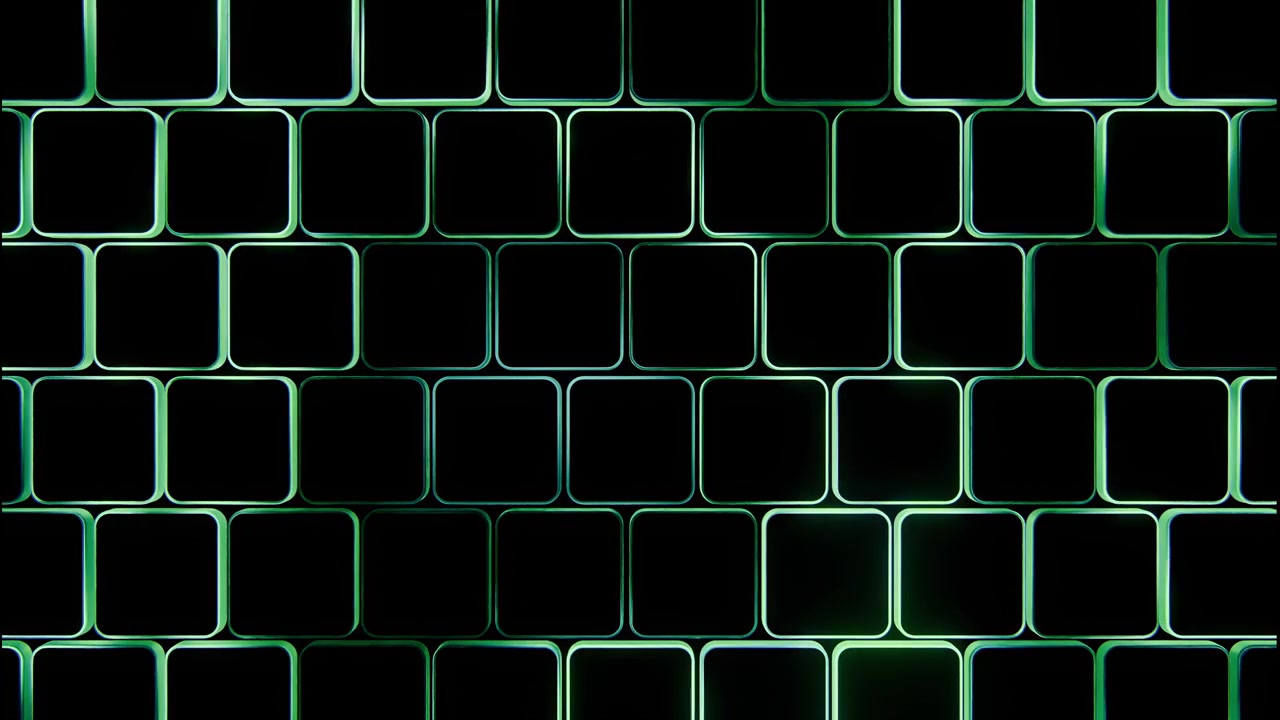 Tight view of stacked hollow rounded square tubes arranged in staggered brick like rows, with cool teal and green rim light tracing edges while dark interior cores create strong contrast and depth