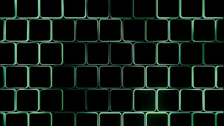 Tight view of stacked hollow rounded square tubes arranged in staggered brick like rows, with cool teal and green rim light tracing edges while dark interior cores create strong contrast and depth