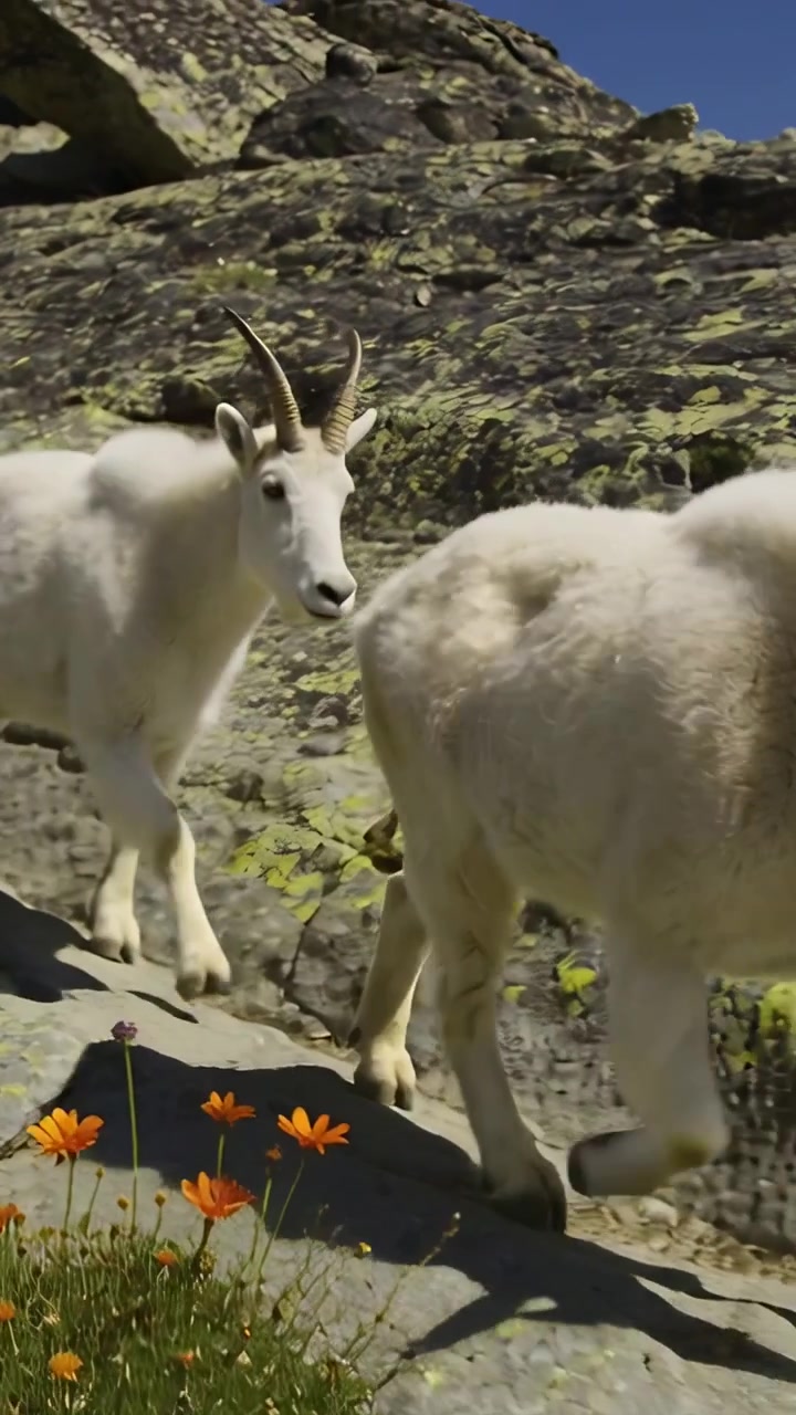 Video verticale: Capre bianche che camminano, la capra guida inizia a salire su una sporgenza rocciosa con fiori.