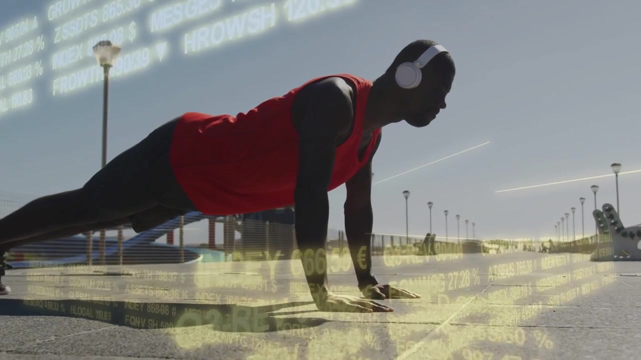 Man starting prone and doing push-ups on promenade, red top yellow ticker overlay tracking fitness