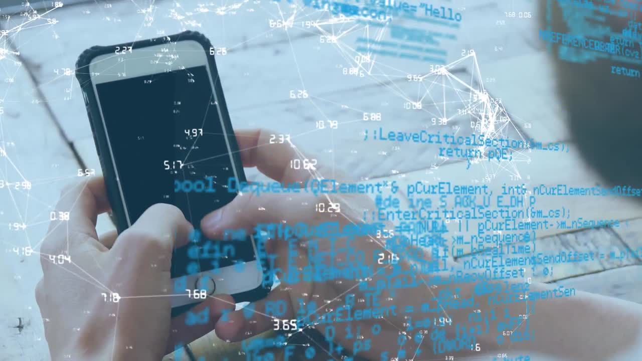 Animation of financial data processing over caucasian businessman using smartphone