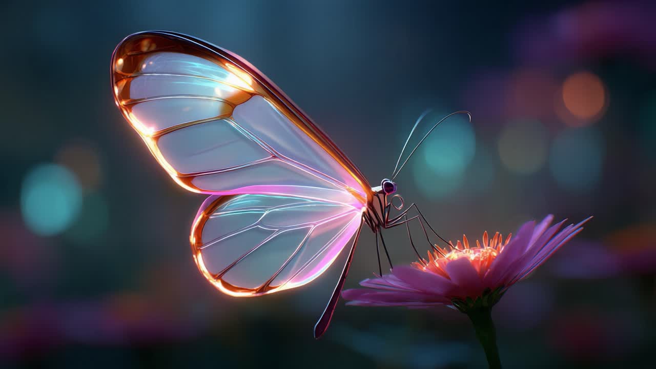 Ein ätherischer Schmetterling sitzt anmutig auf einer leuchtenden Blume und zeigt die filigranen Details seiner transparenten Flügel in einer traumhaften, sanft beleuchteten Gartenumgebung
