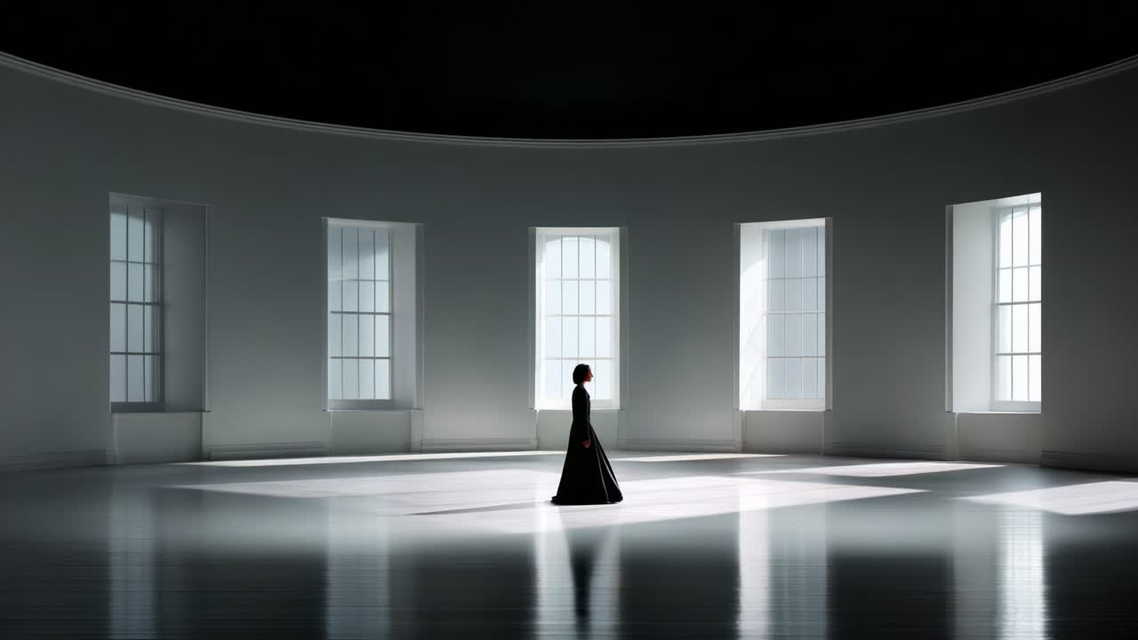 A solitary figure in a stark, minimalistic space, gracefully moving across a brightly lit floor, framed by large windows that invite natural light into the serene, elegant setting