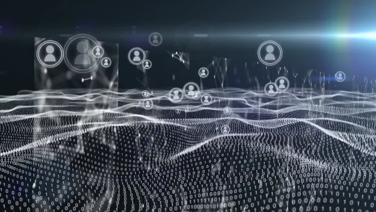 검은색 배경에 데이터 처리 및 아이콘으로 파동의 애니메이션