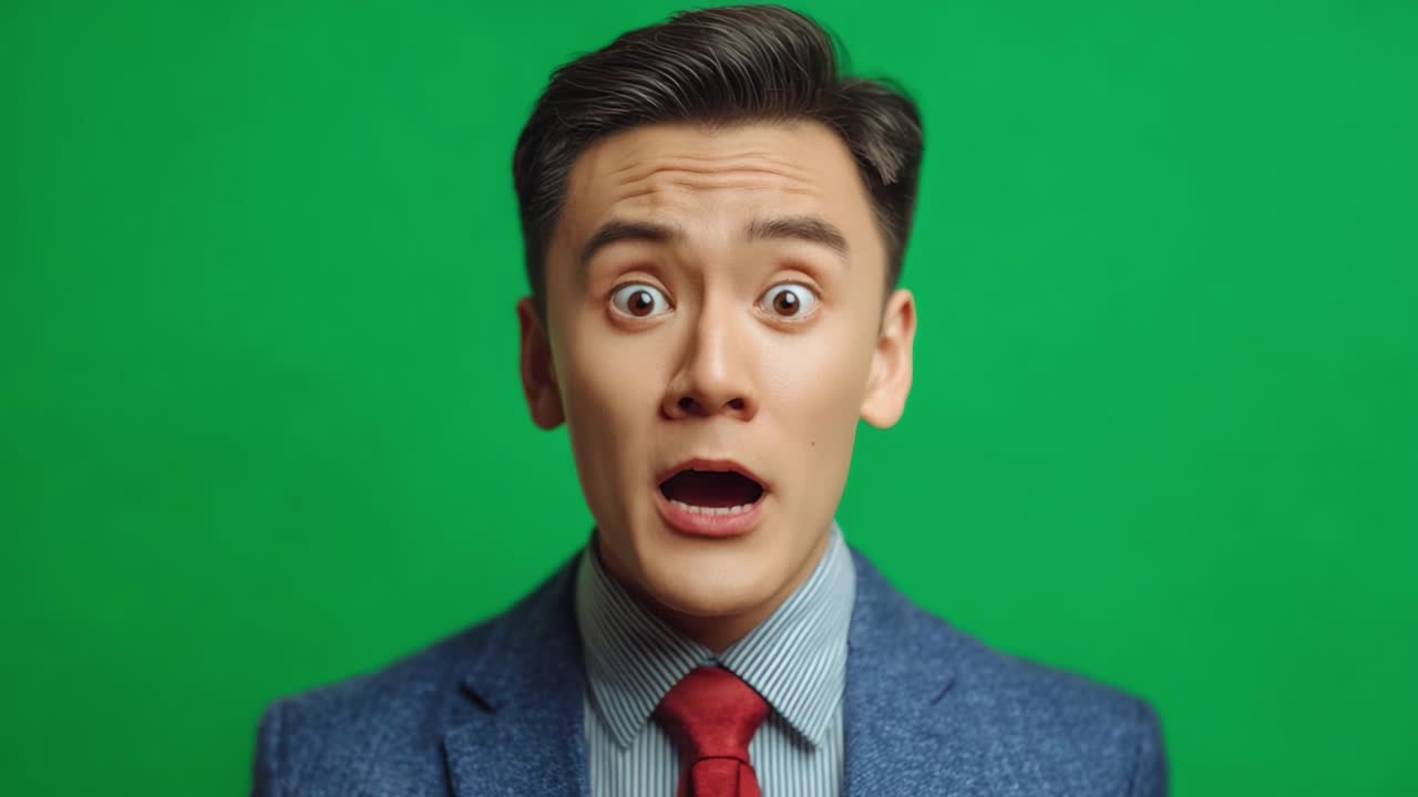 A Young Man's Transition from Surprise to Smile: Capturing Genuine Emotions in Front of a Green Screen Backdrop
