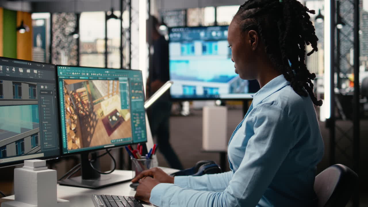 Property developer reviews blueprints and does real estate planning