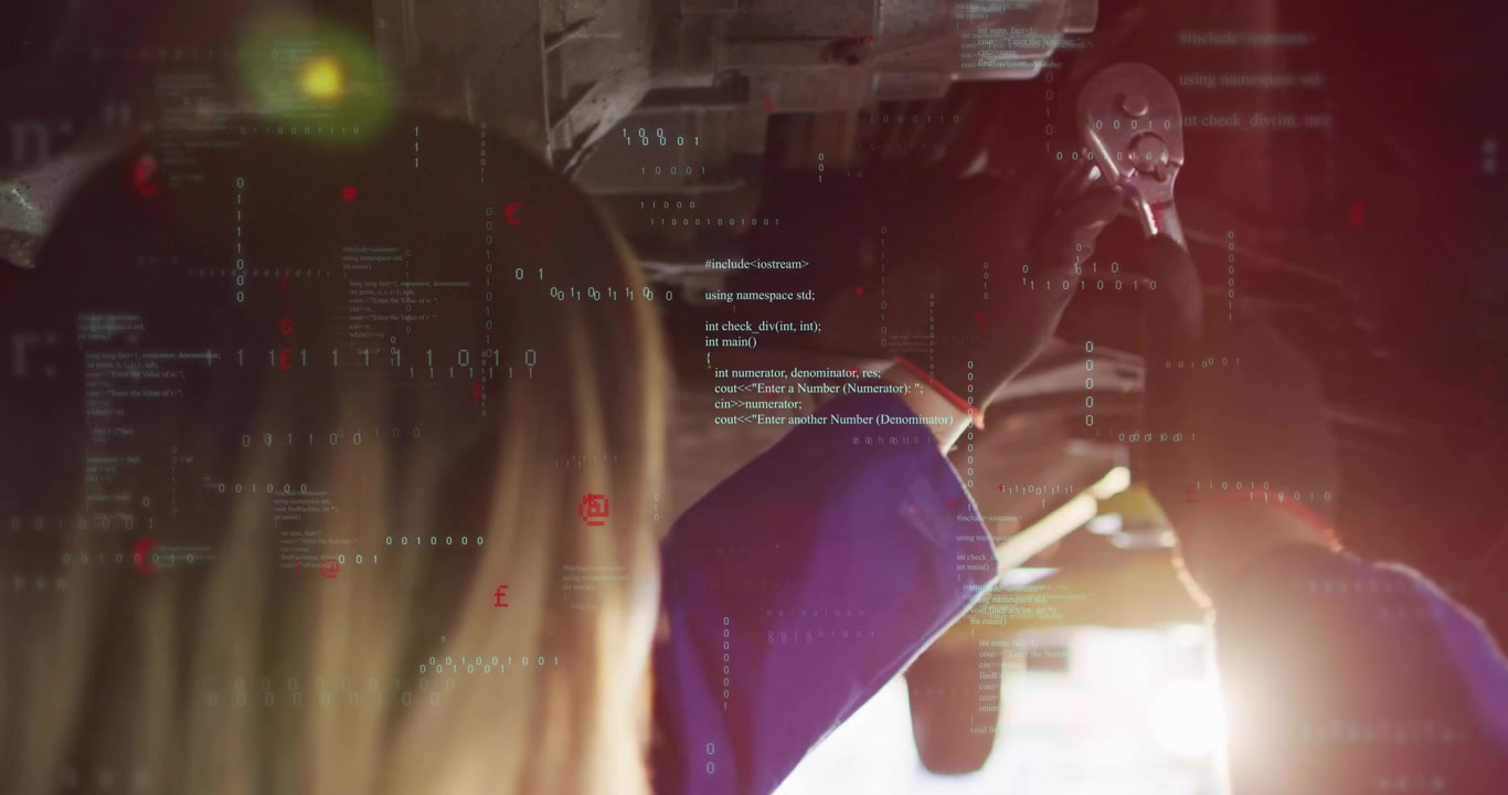 Woman mechanic reaching up placing socket turning ratchet fixing auto HUD overlaying flare shifting