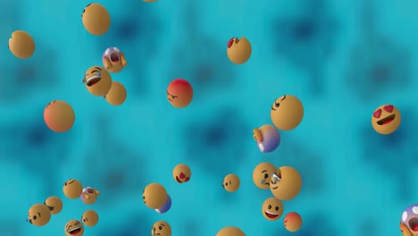 Animation-of-multiple-falling-emojis-on-blue-background