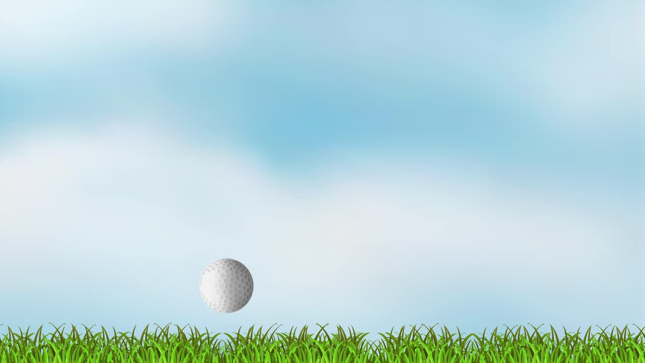 A white golf ball bounces in a smooth arc over vibrant green grass, set against a bright blue sky with soft clouds, using side view animation