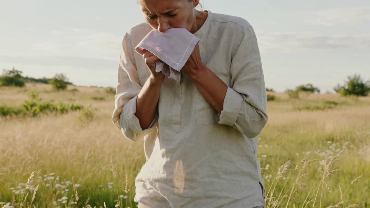 Kvinde iført beige skjorte mærker en kildrende fornemmelse og presser lyserødt stof mod ansigtet på en eng med vilde blomster.
