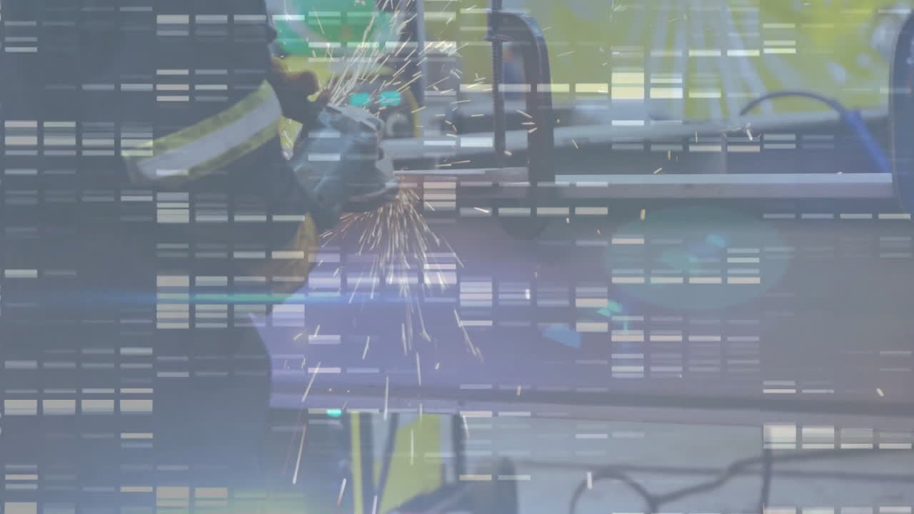 male fabricator cutting beam using angle grinder, sparks flying, digital grid industrial workshop