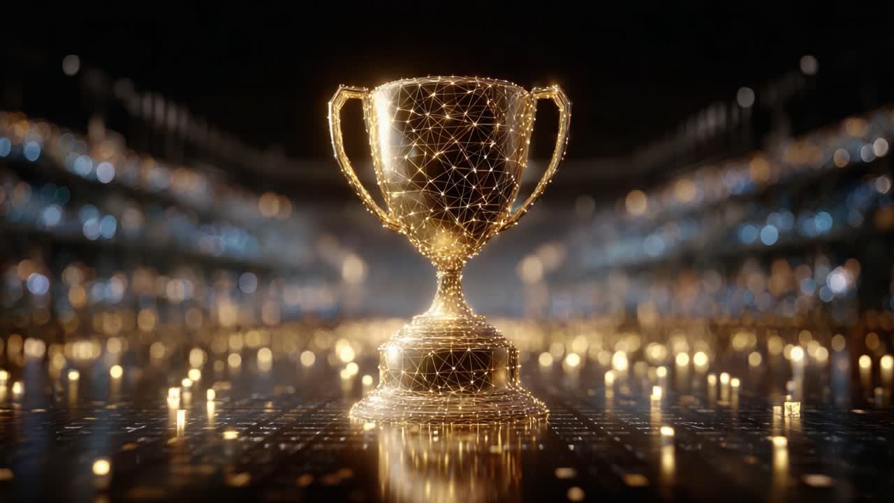 A Stunning Golden Trophy Illuminated by Dazzling Lights, Symbolizing Achievement and Victory in a Spectacular Celebration of Success