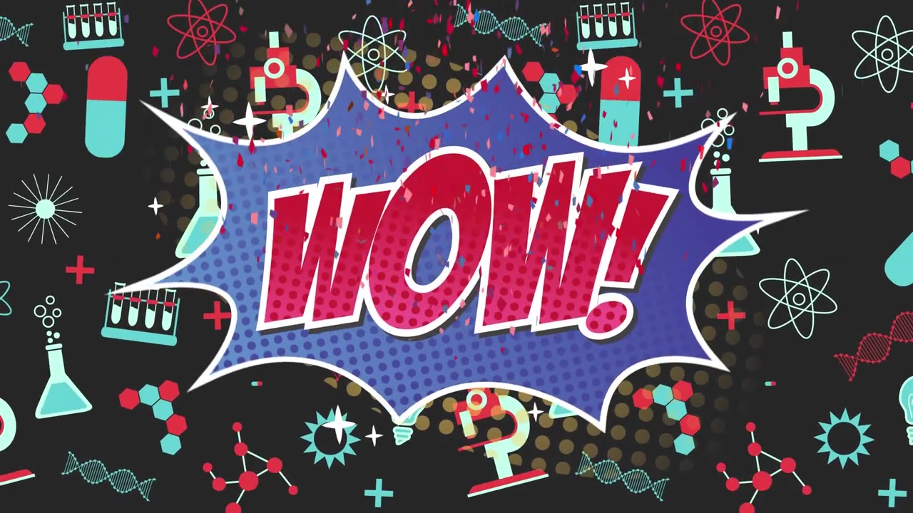 ภาพเคลื่อนไหวของข้อความ "wow" บนฟองคำพูดสไตล์ย้อนยุคพร้อมกระดาษโปรยกำลังร่วงหล่นและไอคอนวิทยาศาสตร์