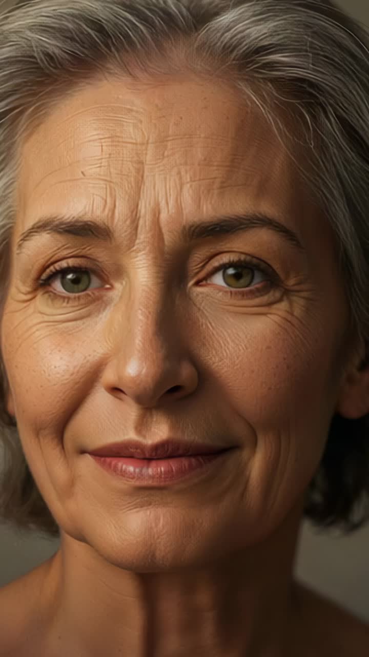 Vertical video: Releasing gold cascade, senior woman closing eyes tilting head in studio, with glow