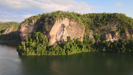 aerial shot of magnificent rocky hills in parana river, teyu cuare park, misiones, argentina