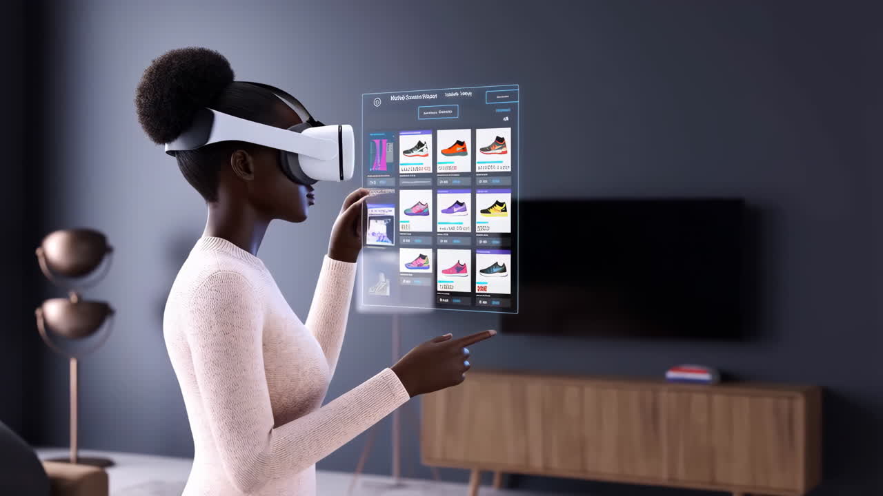 Woman Engaged in Virtual Reality Shoe Shopping
