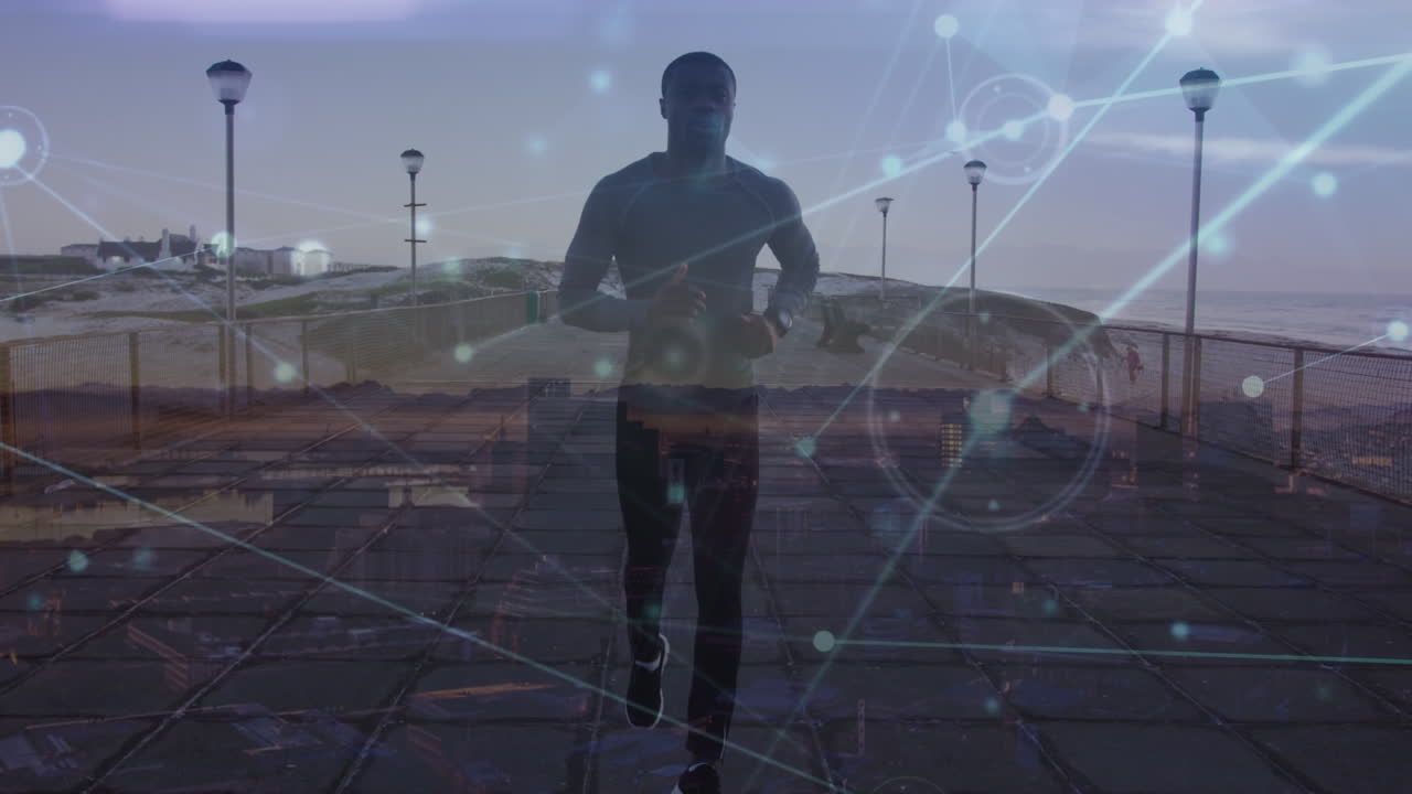 animación de una red de conexiones sobre un hombre afroamericano corriendo por el paseo marítimo