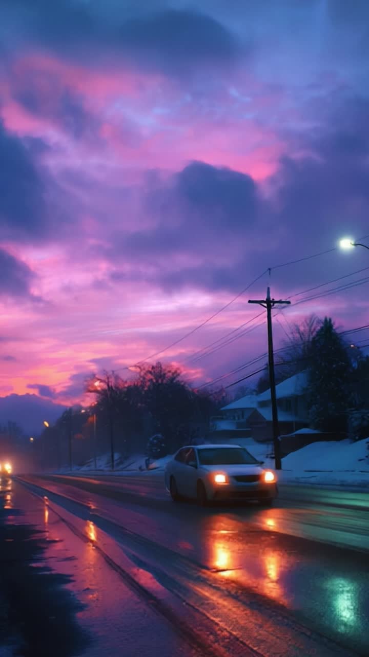 A serene twilight scene depicting a snowy street with reflective puddles, illuminated by streetlights and a stunning purple-pink sky, capturing the tranquil beauty of winter evenings