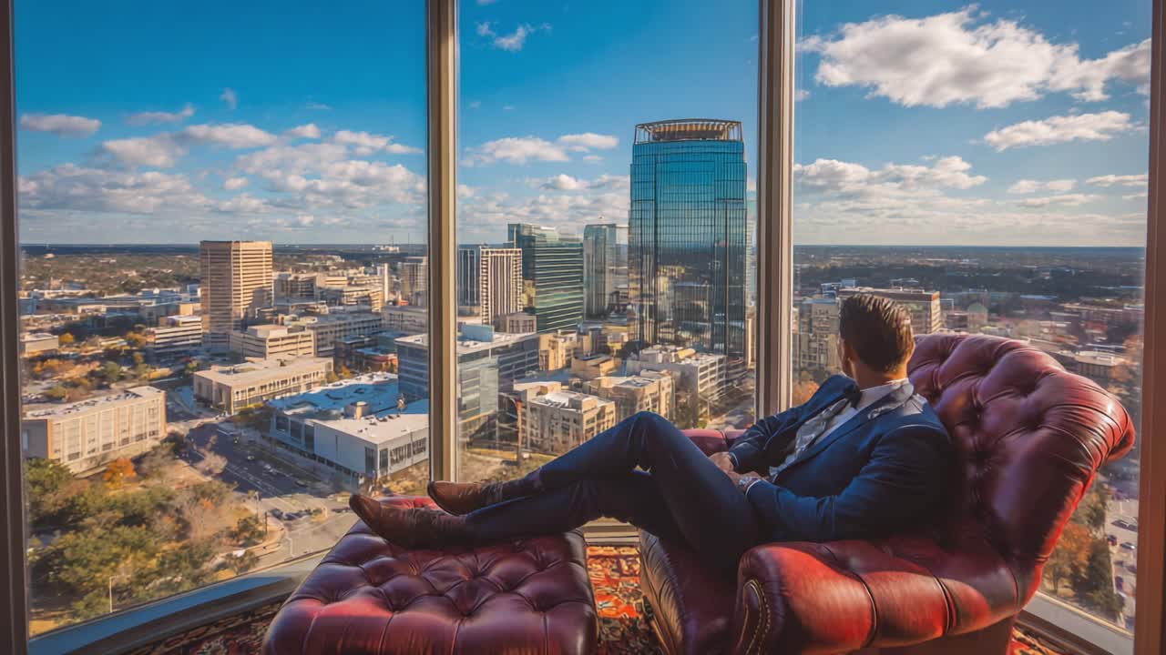 Elegant Cityscape: A Man in a Suit Seated Comfortably in a Luxurious Chair, Gazing Out of a Modern High-Rise Window Overlooking a Lively Urban Skyline
