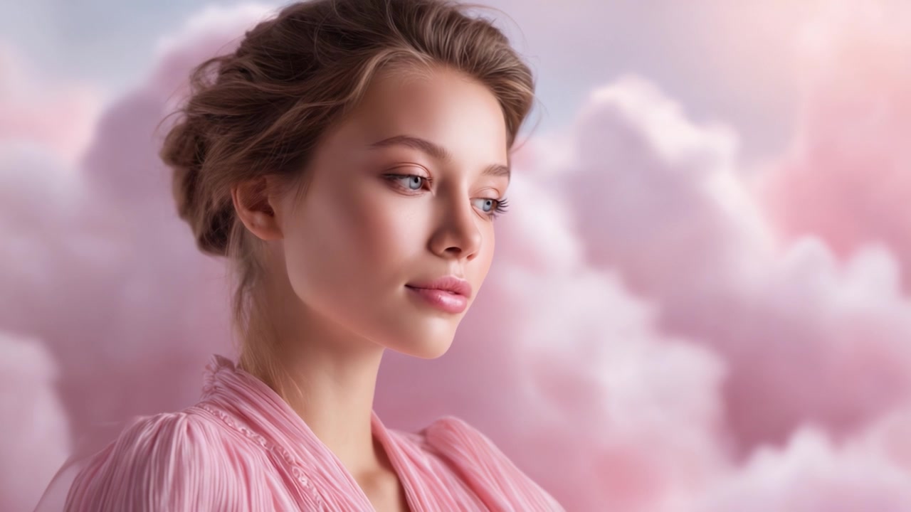 夢のようなピンクの雲を背景にした若い女性の穏やかなポートレート。幻想的な光と柔らかな質感の中で、優雅さと優美さを捉えています。