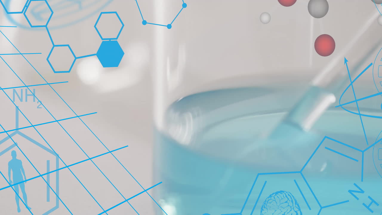 회색 바탕에 실험실 접시 위에서 과학적 데이터 처리의 애니메이션