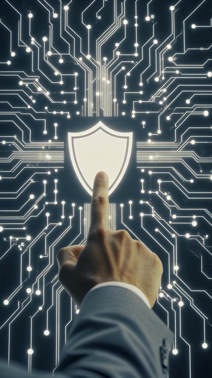 Uomo d'Affari che Tocca l'Icona dello Scudo Digitale per il Concetto di Sicurezza Informatica