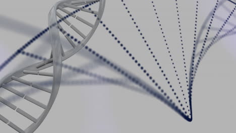 animación de partículas que forman estructuras de adn y luz púrpura sobre un fondo gris